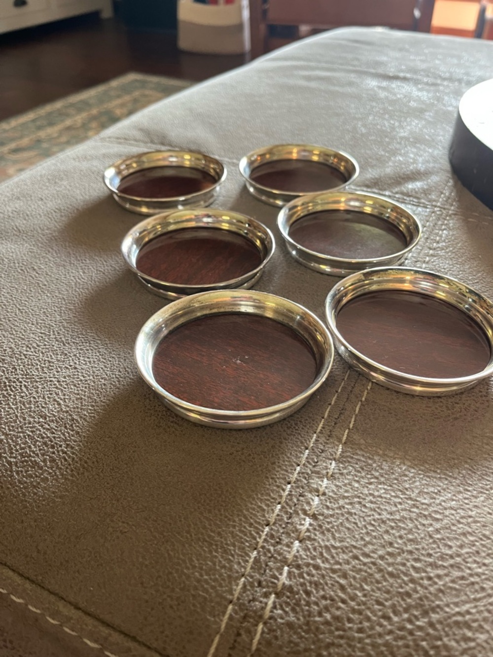 Set of 6 Round Wood & Silver Coasters